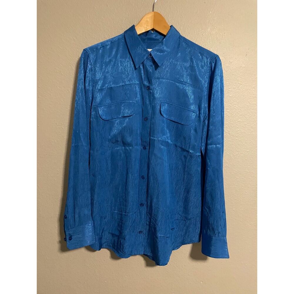 Equipment Femme Womens Top Large Blue Satin Viscose Button Long Sleeve Designer